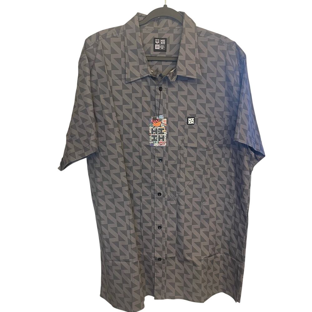 Hawaii’s Finest Gray Tribal Triangle Print Aloha Button Down Shirt 2X NWT
